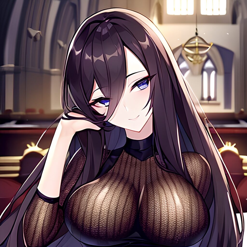 church long hair brunette messy hair fishnet woman 