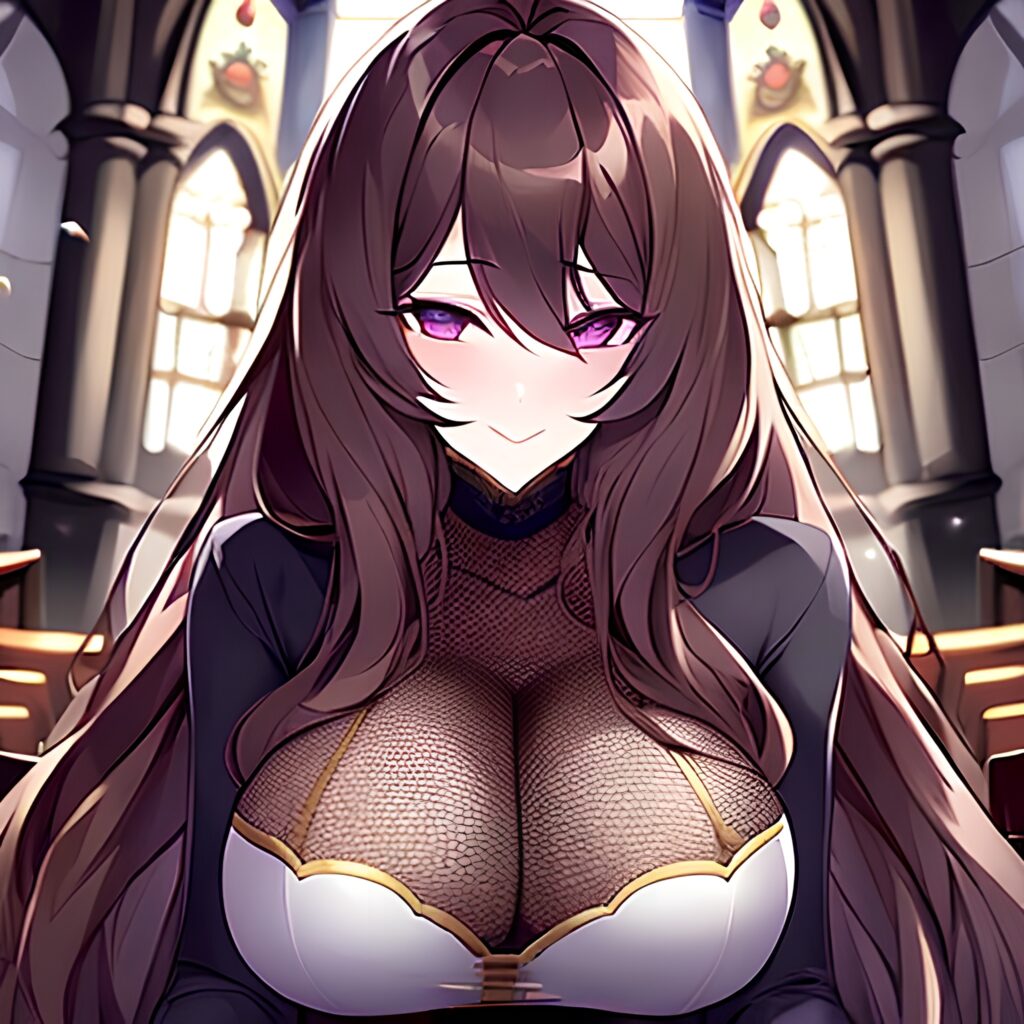 church long hair brunette messy hair woman fishnet 