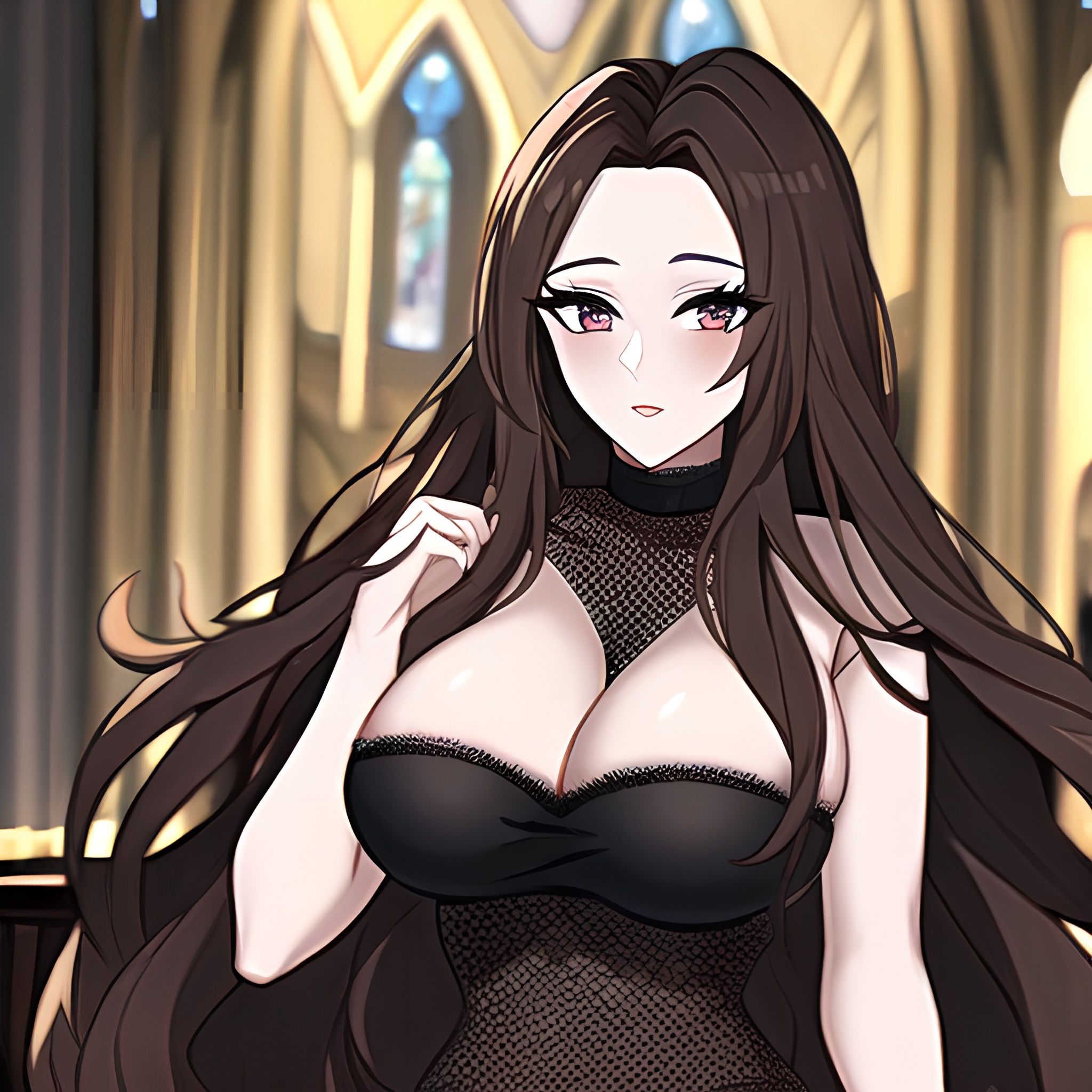 church long hair brunette messy hair woman fishnet