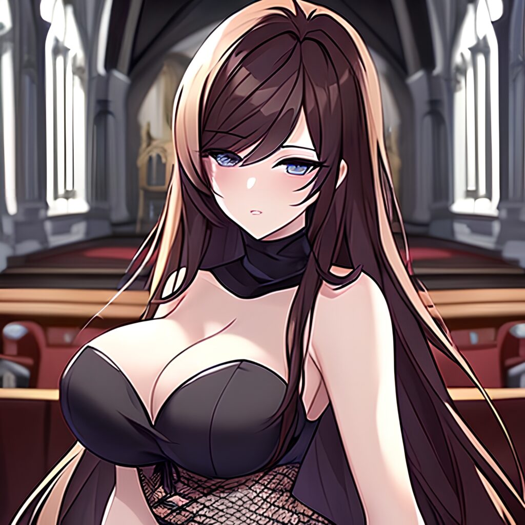 church long hair brunette messy hair woman fishnet 