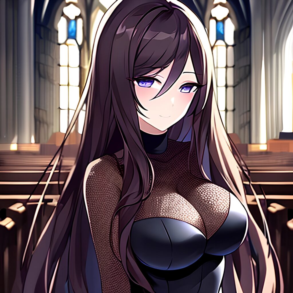 church long hair brunette messy hair woman fishnet