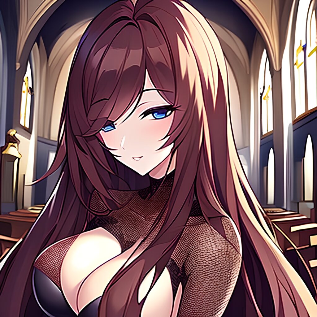 church long hair brunette messy hair woman fishnet 