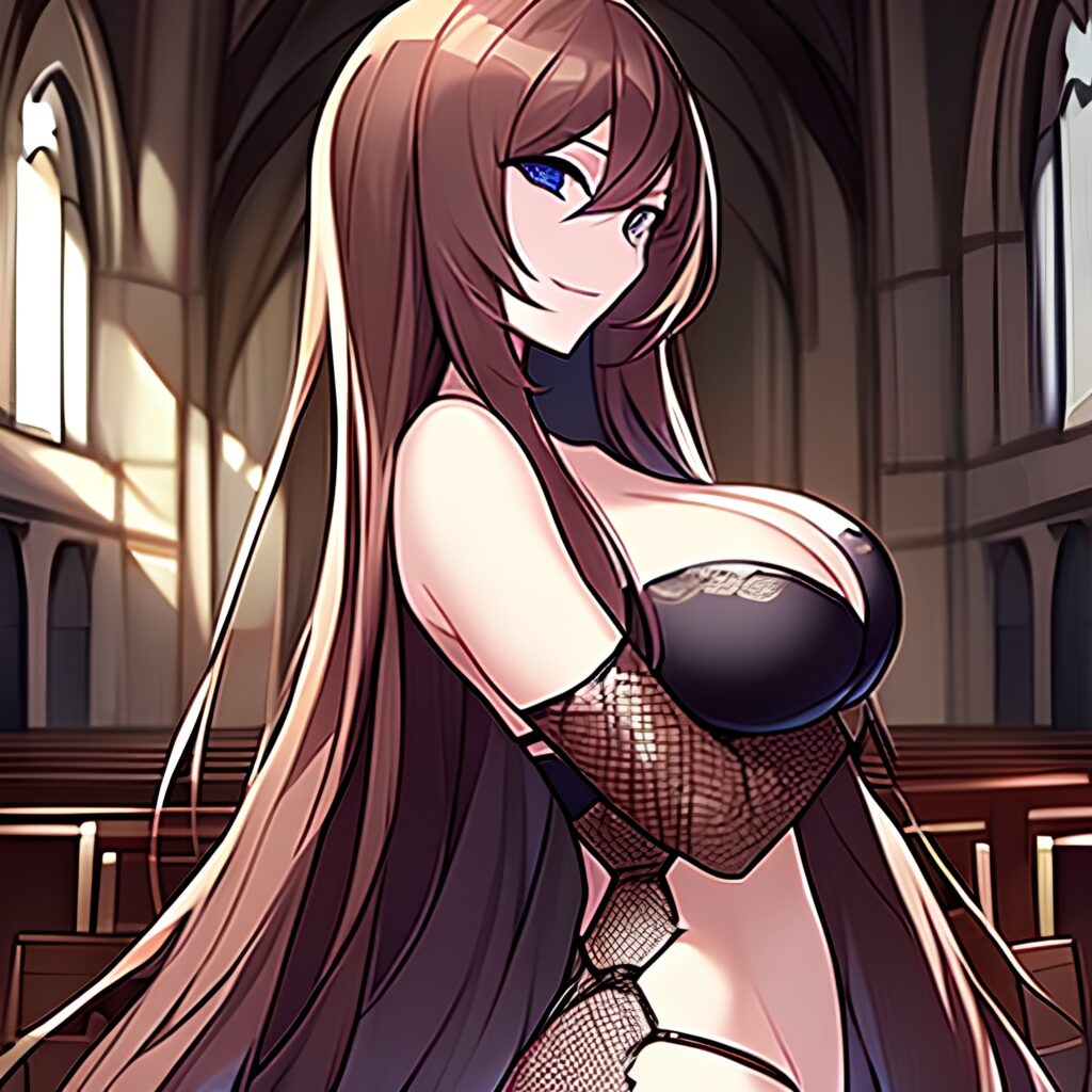 church long hair brunette woman fishnet messy hair 