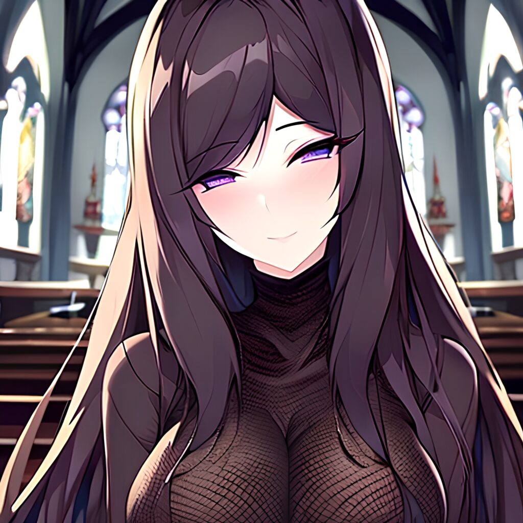 church long hair brunette woman fishnet messy hair 