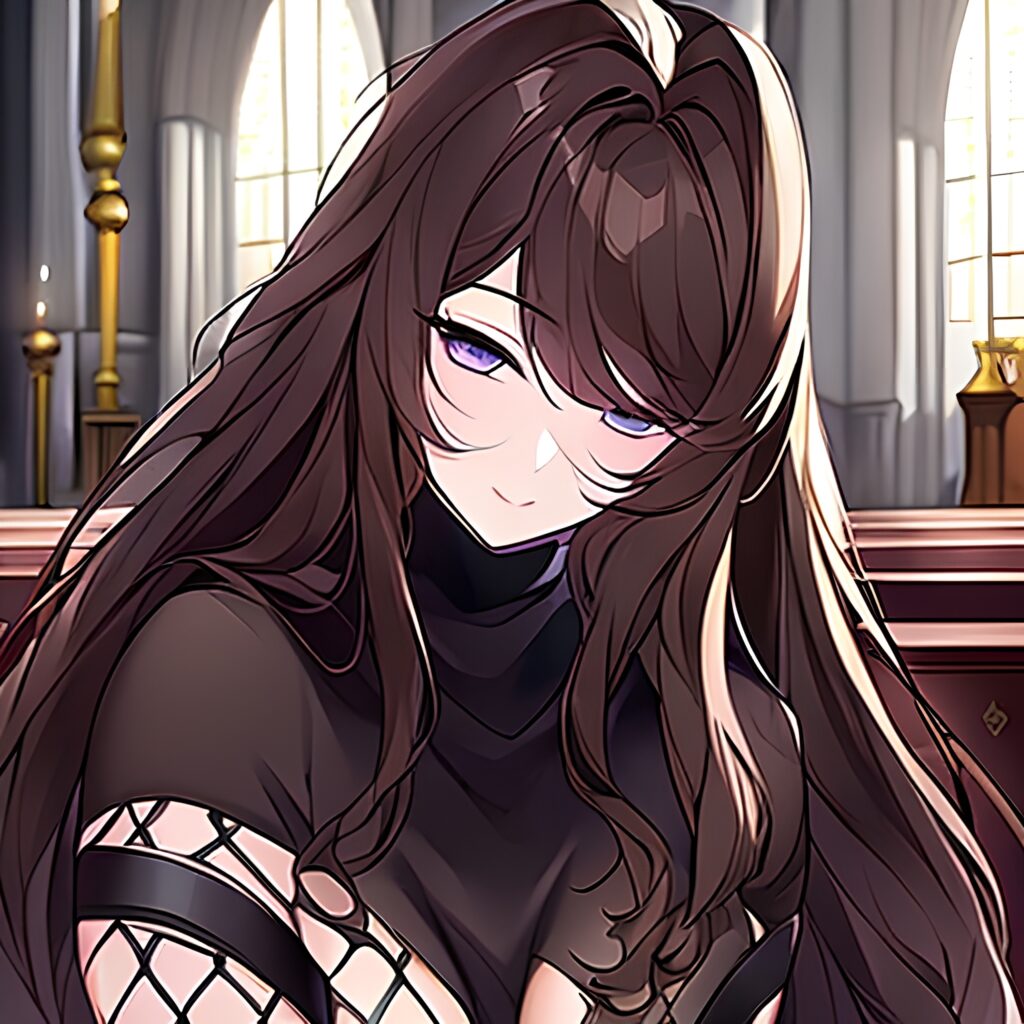 church long hair brunette woman fishnet messy hair 