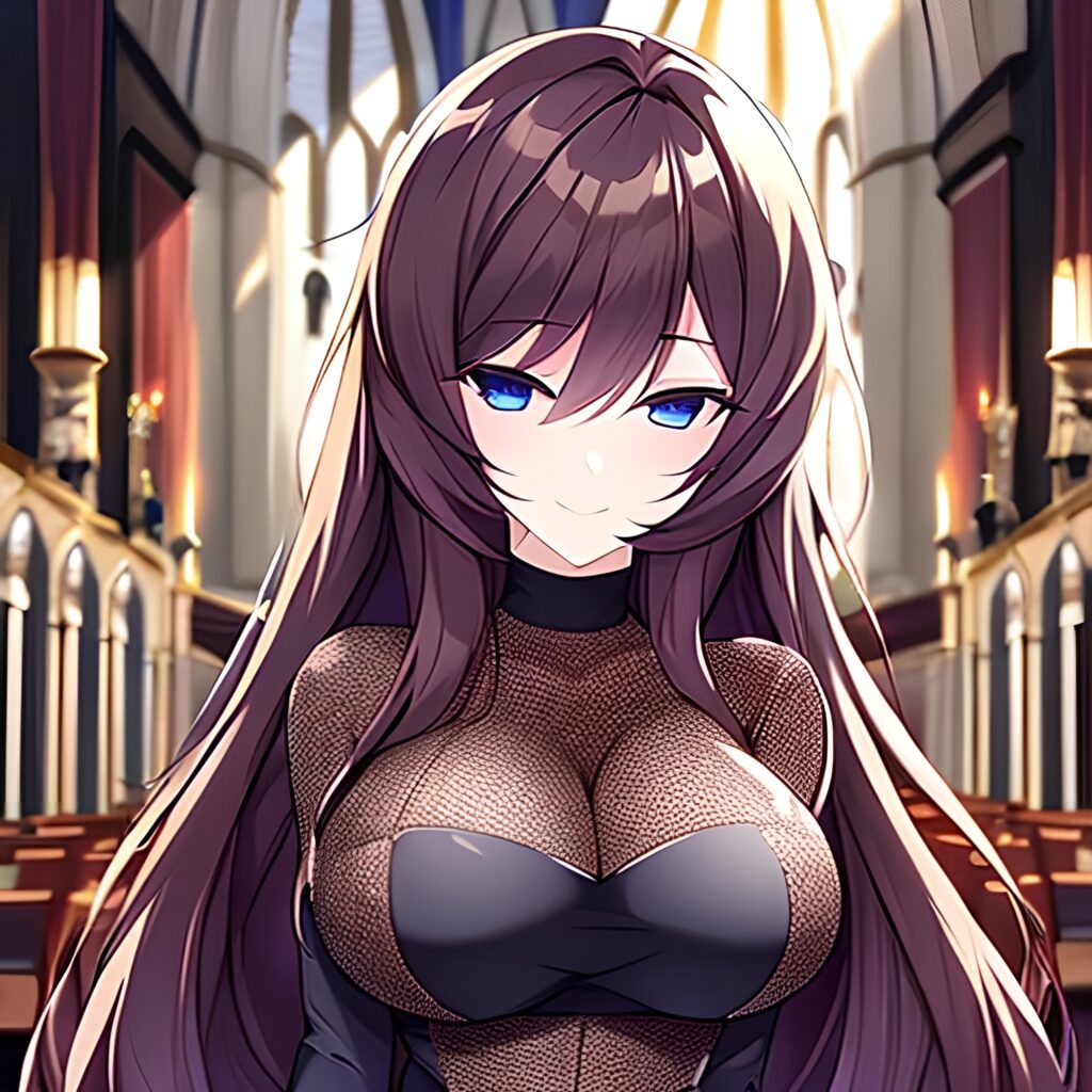 church long hair brunette woman messy hair fishnet 