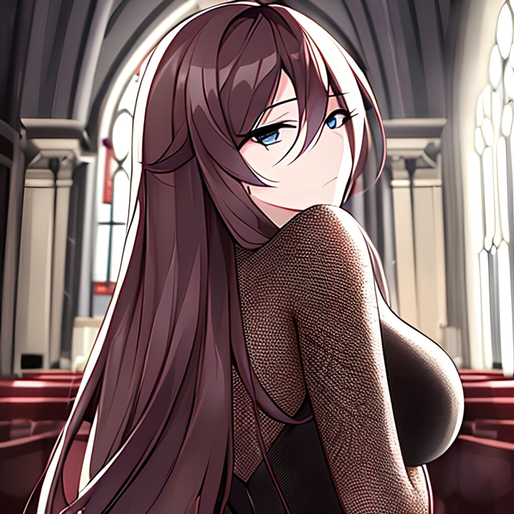 church long hair brunette woman messy hair fishnet 