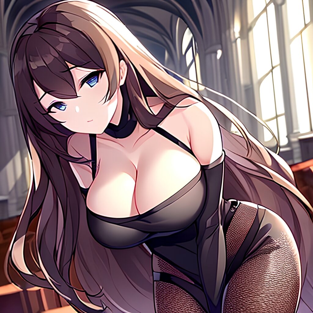 church long hair brunette woman messy hair fishnet 