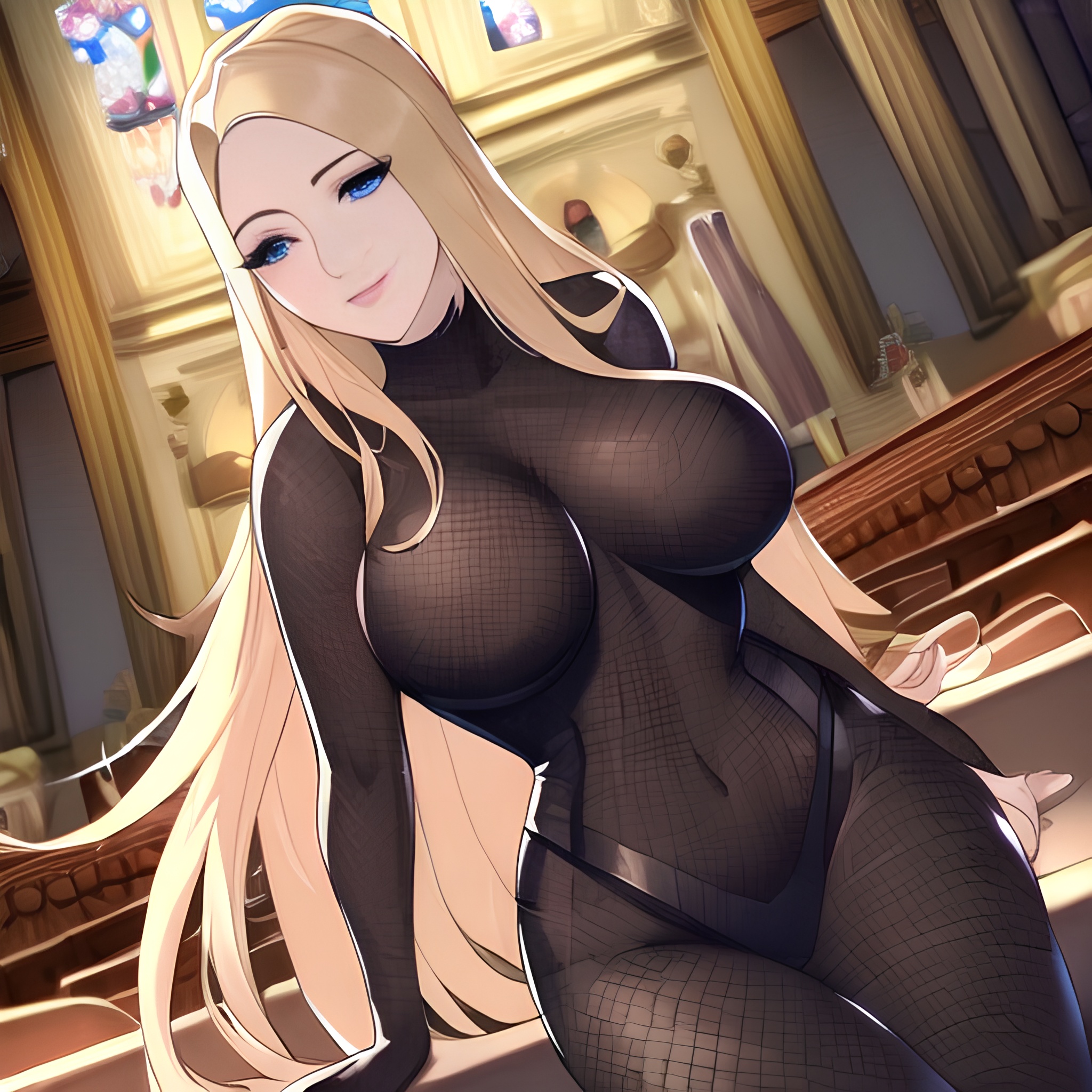church long hair fishnet blonde small boobs nude front view woman 