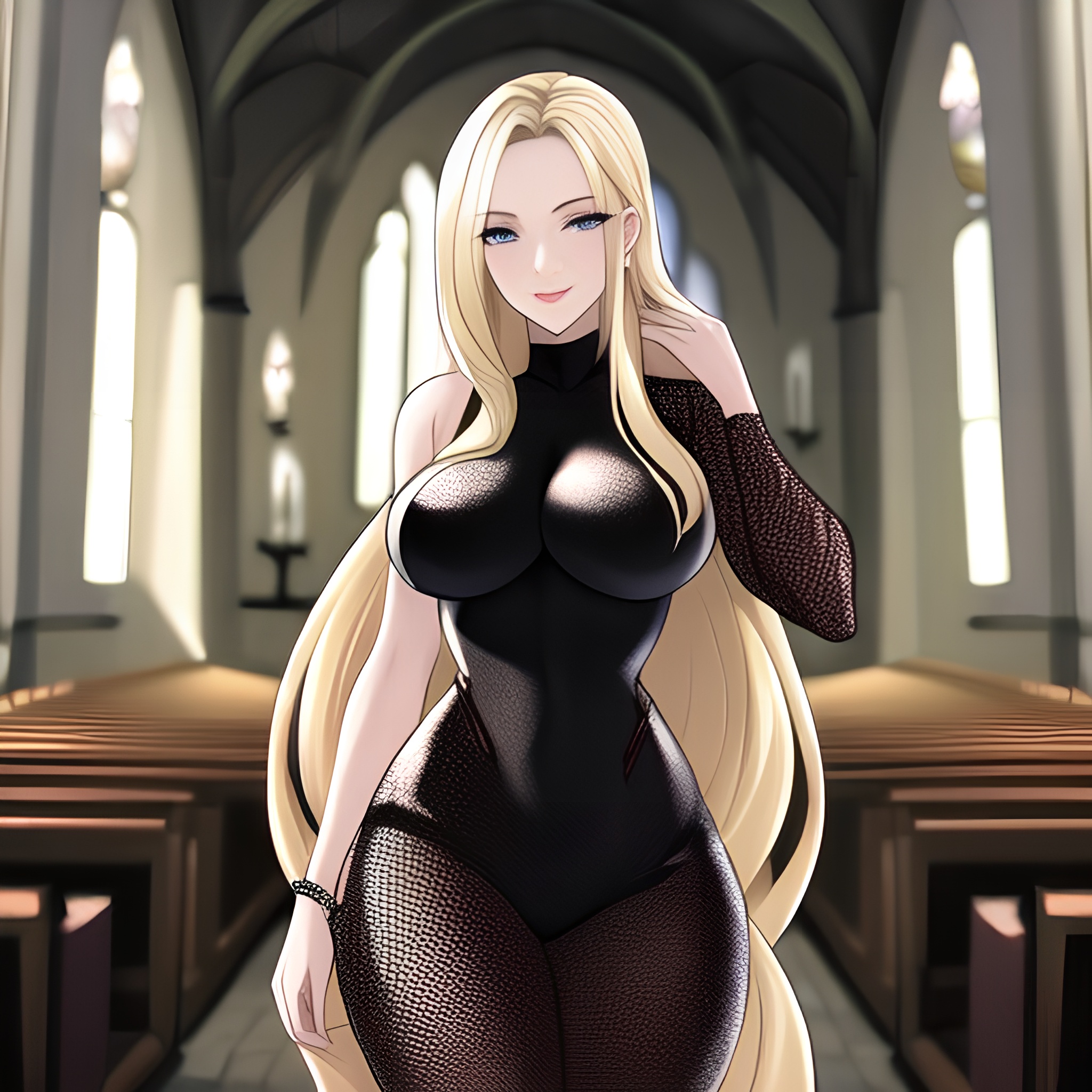 church long hair fishnet blonde woman
