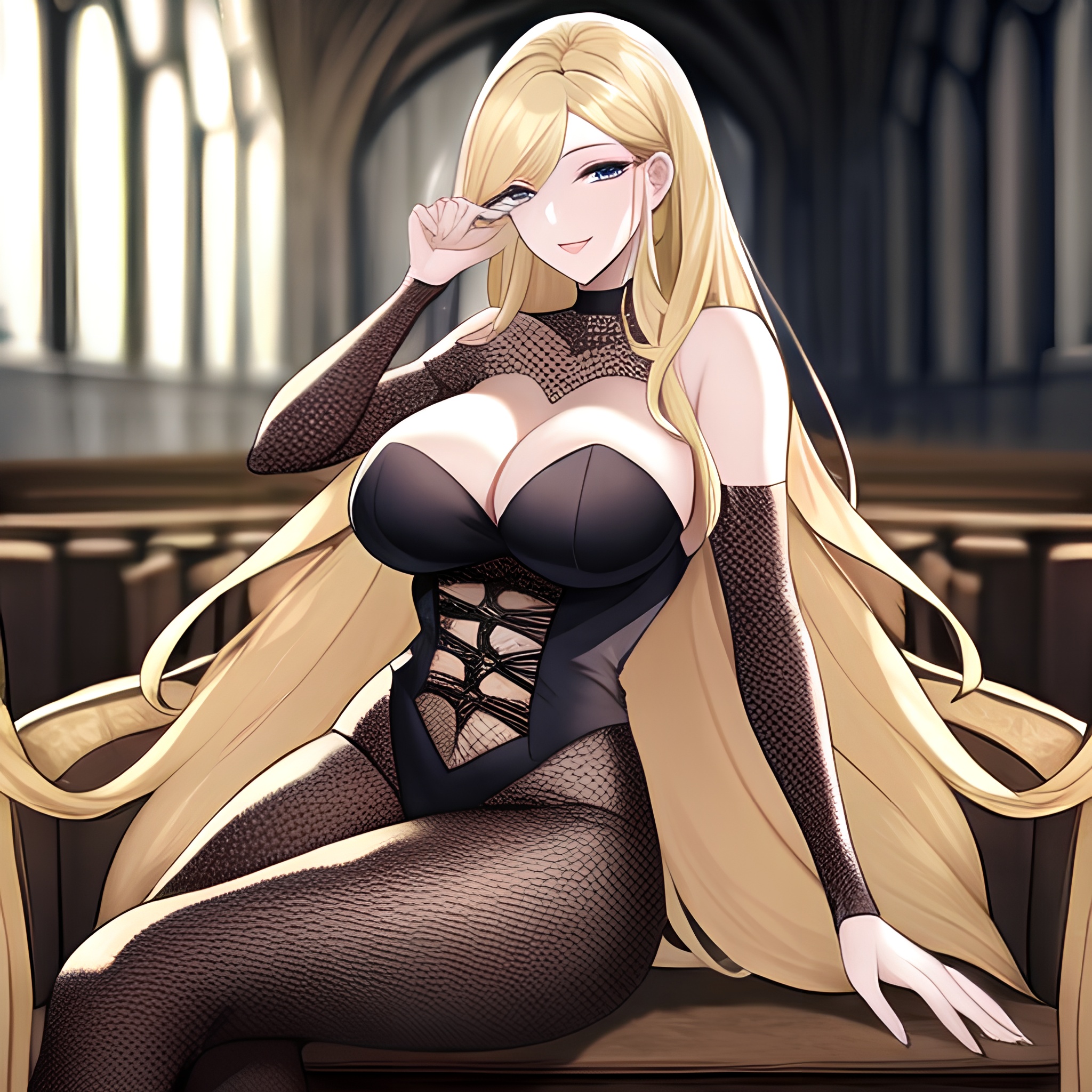 church long hair fishnet blonde woman 