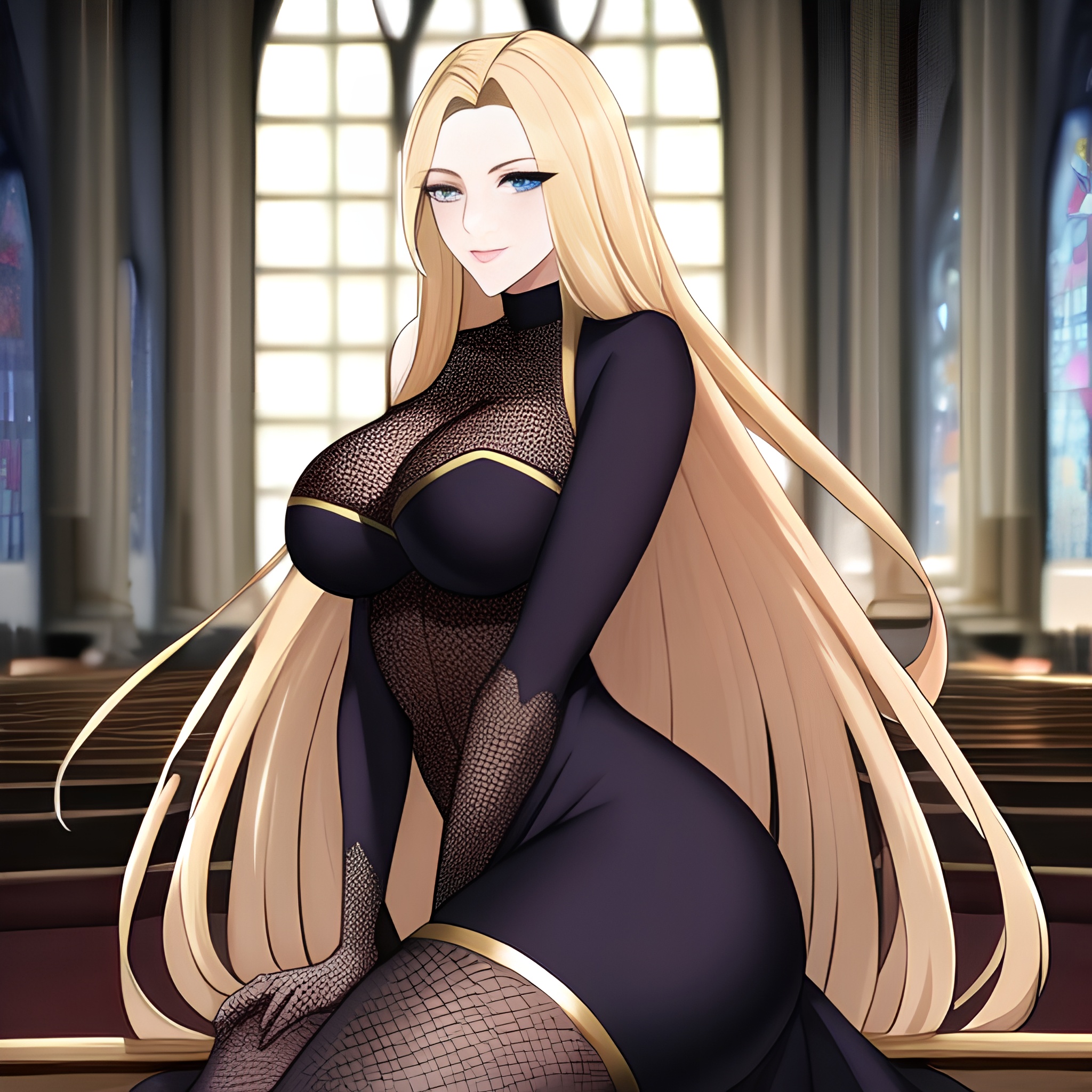 church long hair fishnet blonde woman 