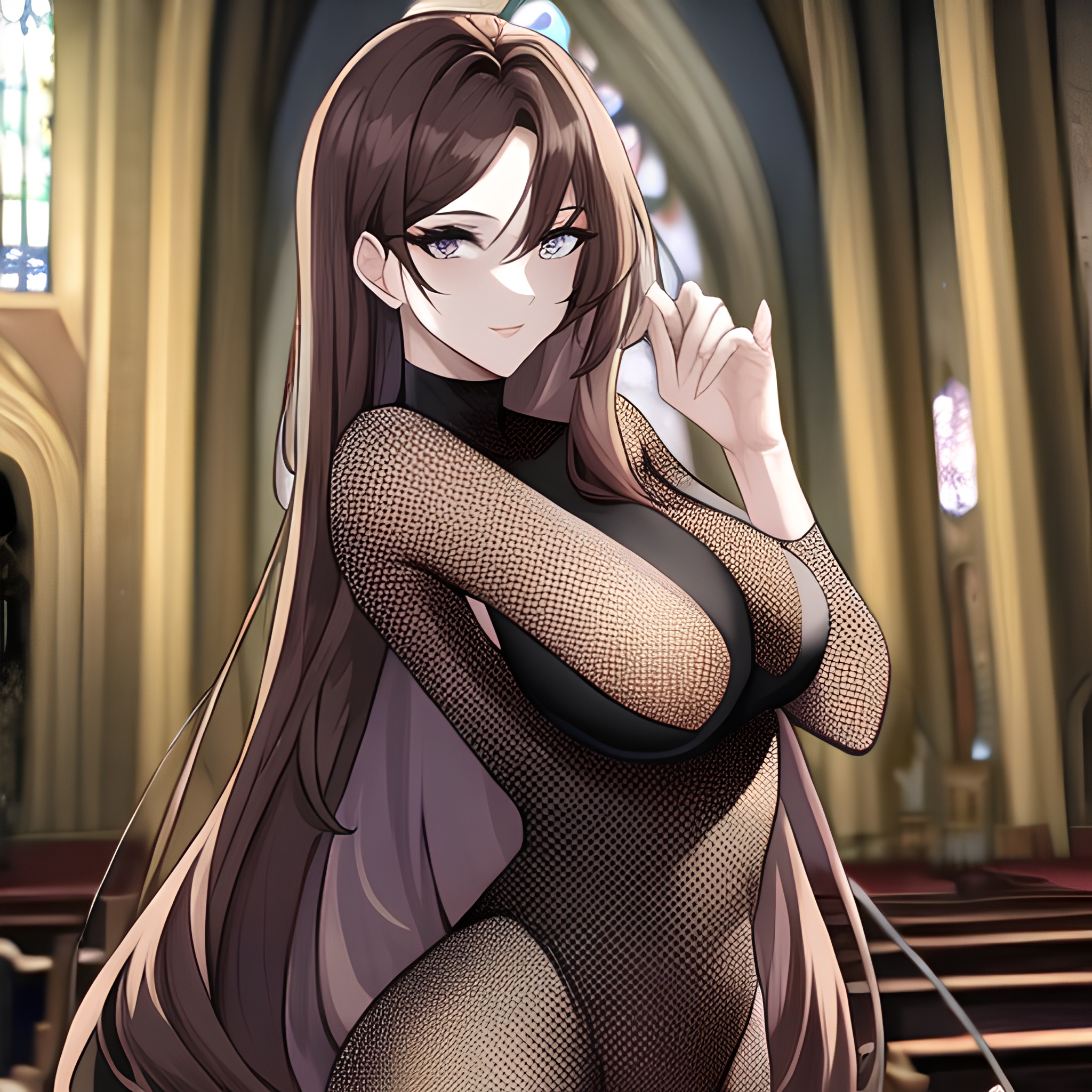 church long hair fishnet brunette messy hair woman 