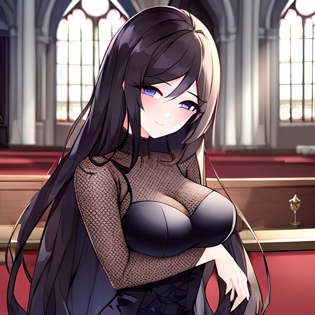 church long hair fishnet brunette woman messy hair 