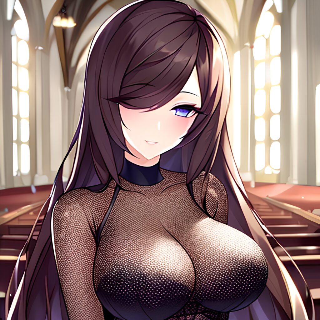 church long hair fishnet brunette woman messy hair 