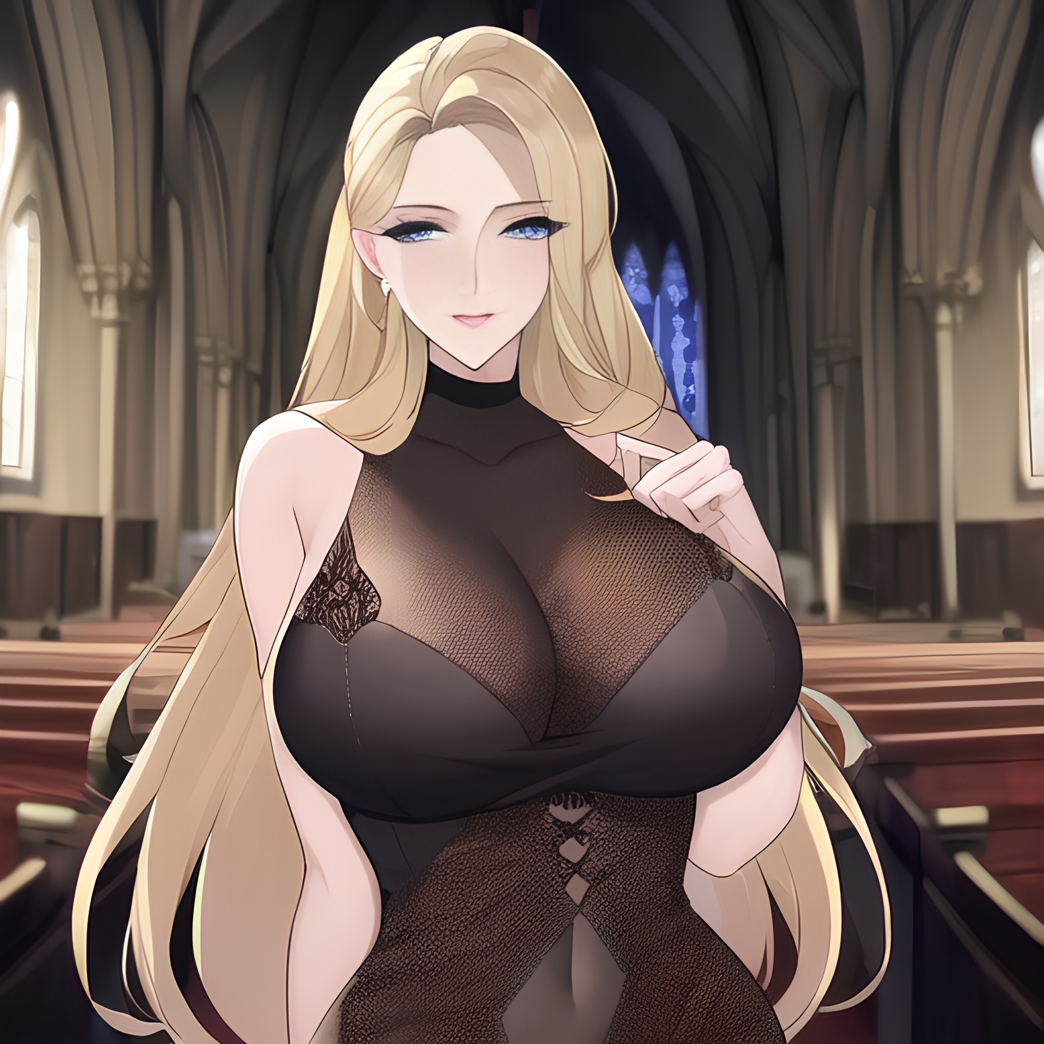church long hair fishnet front view woman blonde small boobs nude