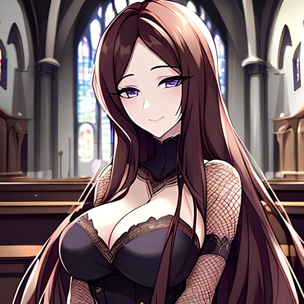 church long hair fishnet messy hair brunette woman 