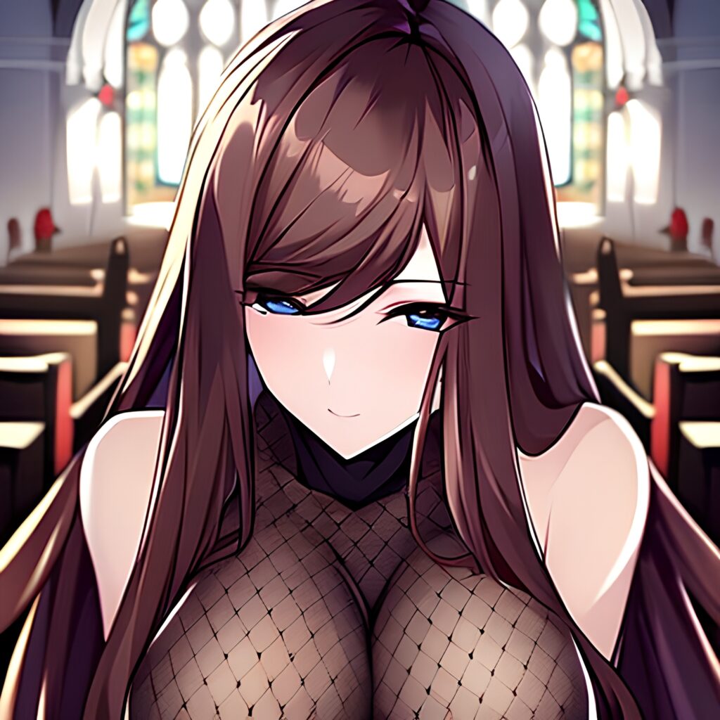 church long hair fishnet messy hair brunette woman 