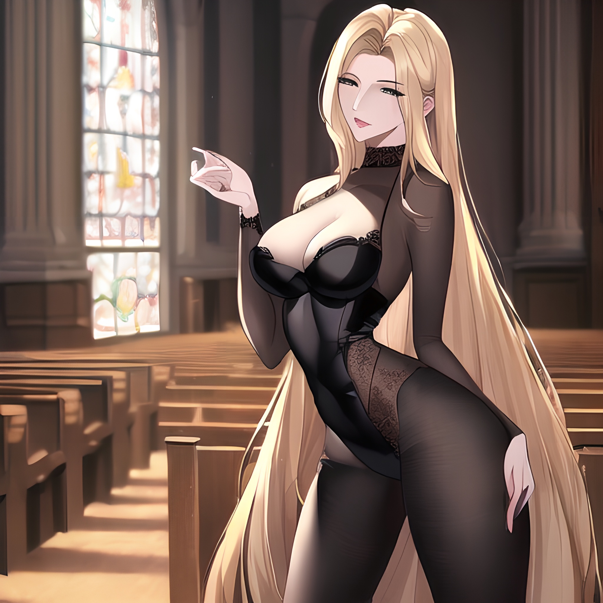 church long hair fishnet nude front view small boobs blonde woman