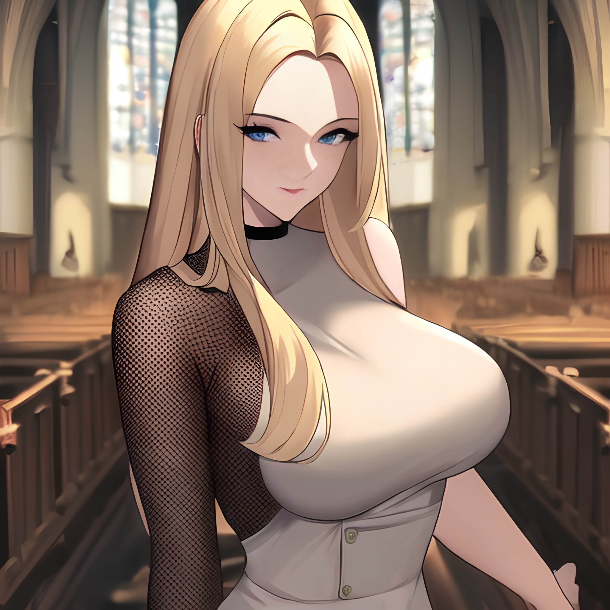 church long hair fishnet nude front view small boobs blonde woman 