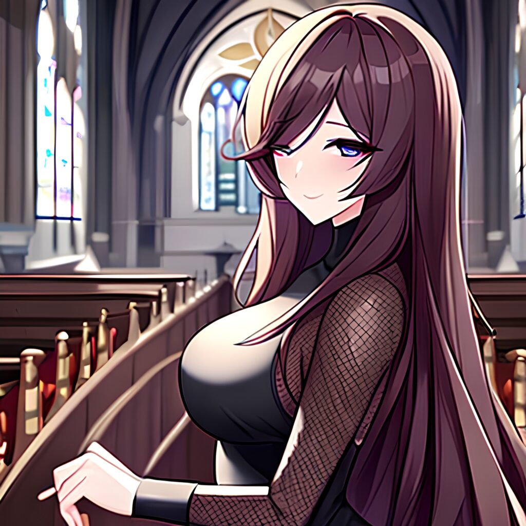 church long hair fishnet woman brunette messy hair 