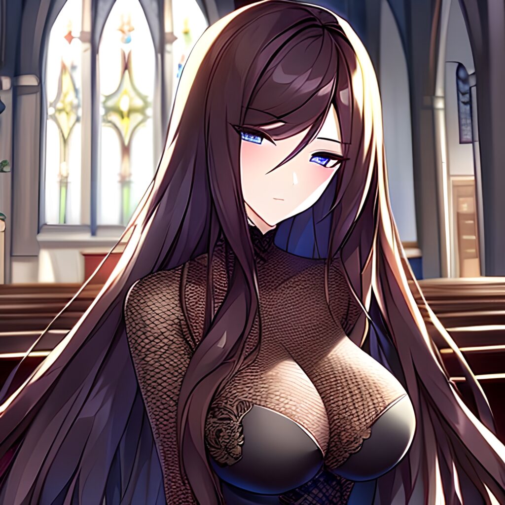 church long hair fishnet woman brunette messy hair 