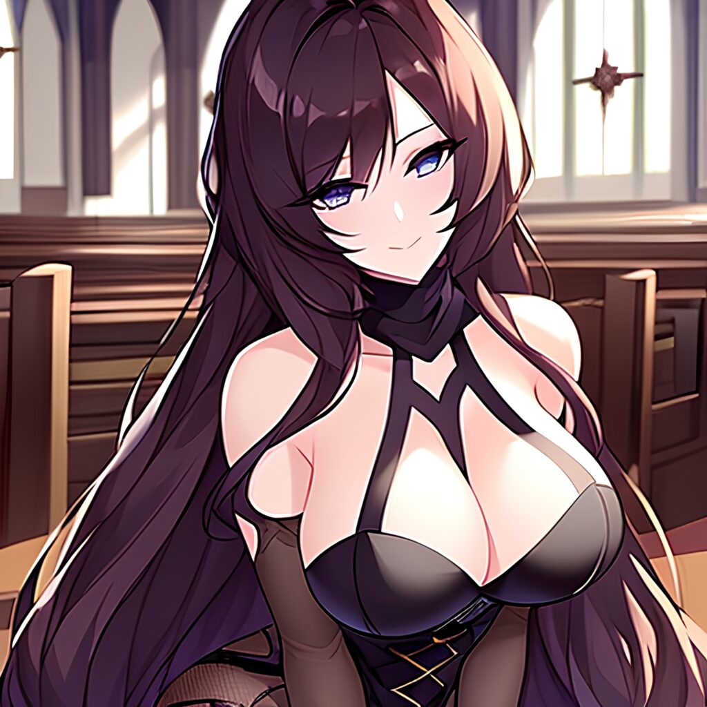 church long hair fishnet woman brunette messy hair