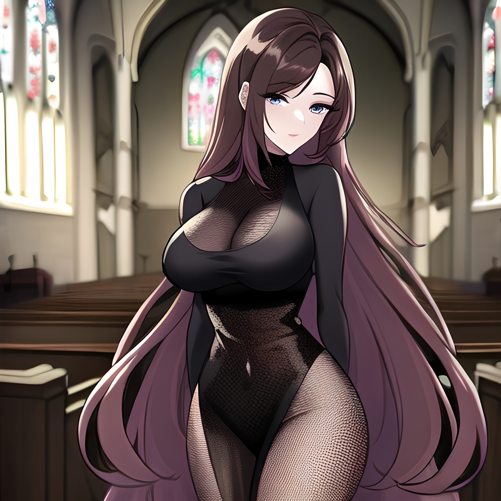 church long hair fishnet woman brunette messy hair 