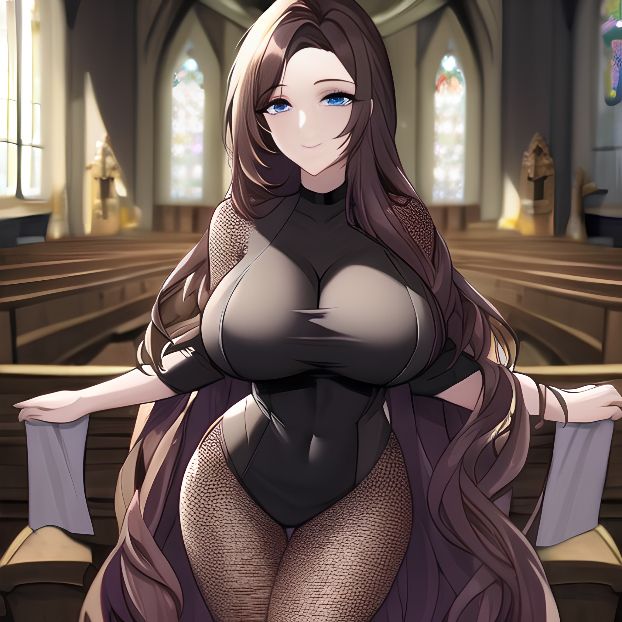 church long hair fishnet woman brunette messy hair