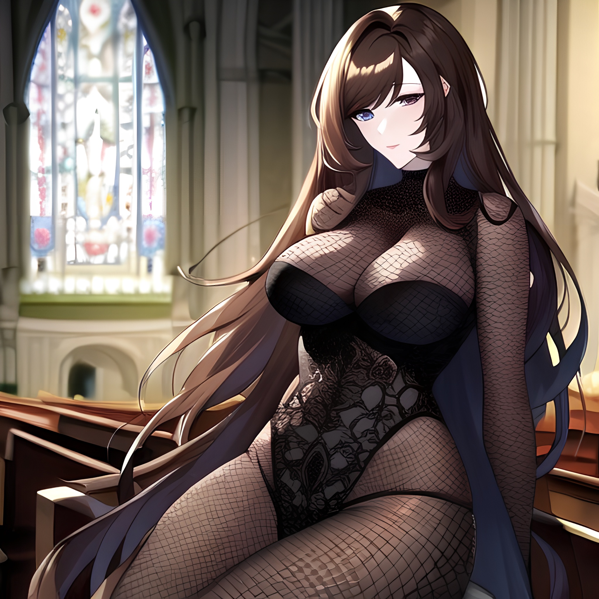 church long hair fishnet woman brunette messy hair 