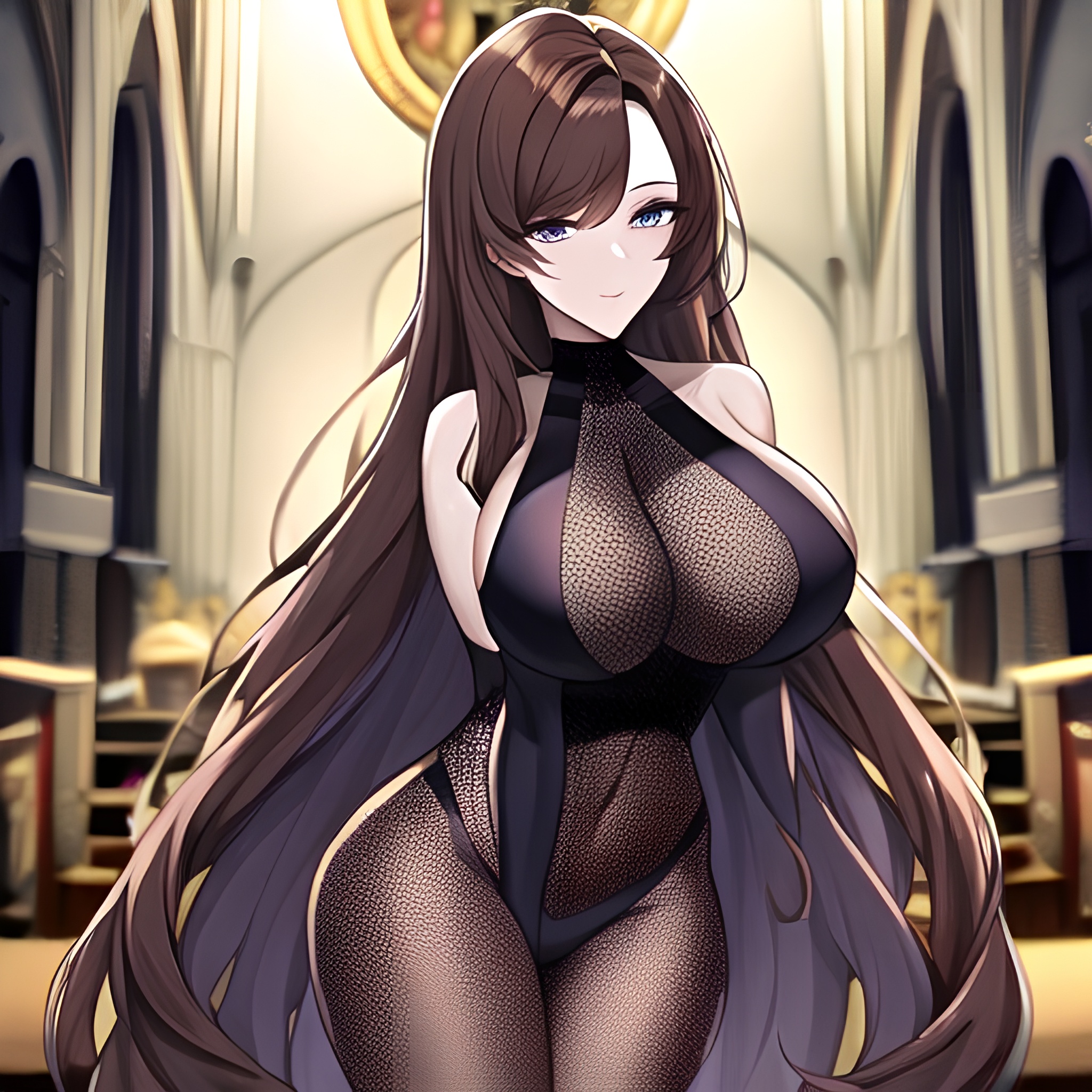 church long hair fishnet woman messy hair brunette 