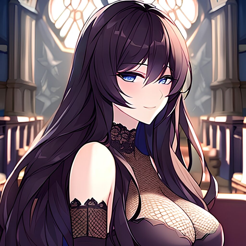 church long hair fishnet woman messy hair brunette 