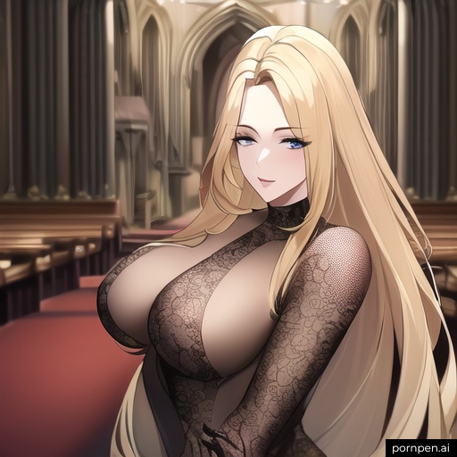 church long hair front view fishnet woman blonde nude small boobs 