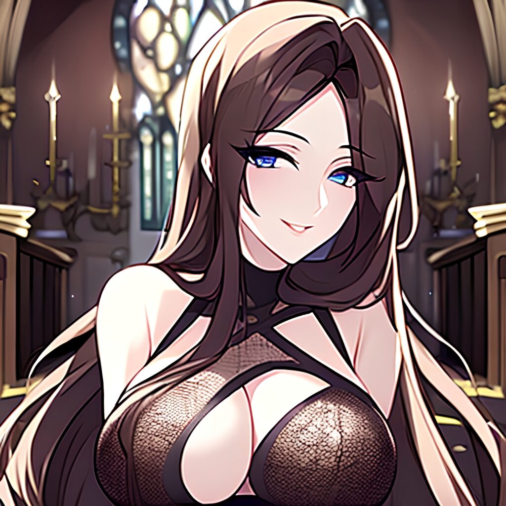 church long hair messy hair brunette fishnet woman