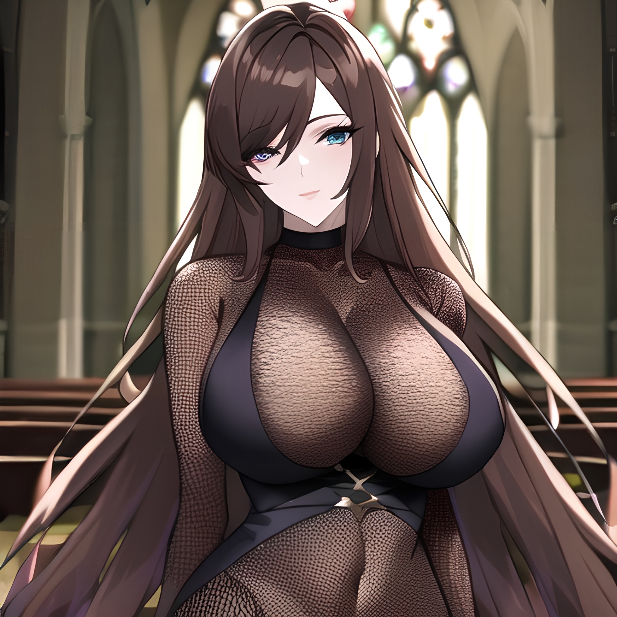 church long hair messy hair brunette fishnet woman 
