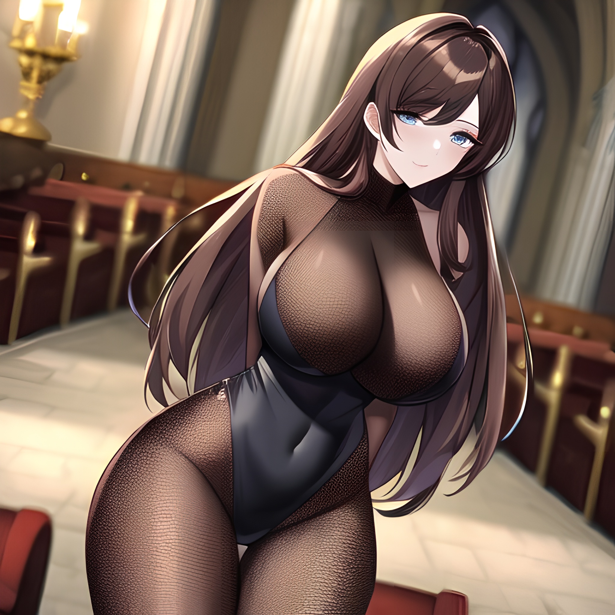 church long hair messy hair fishnet brunette woman 