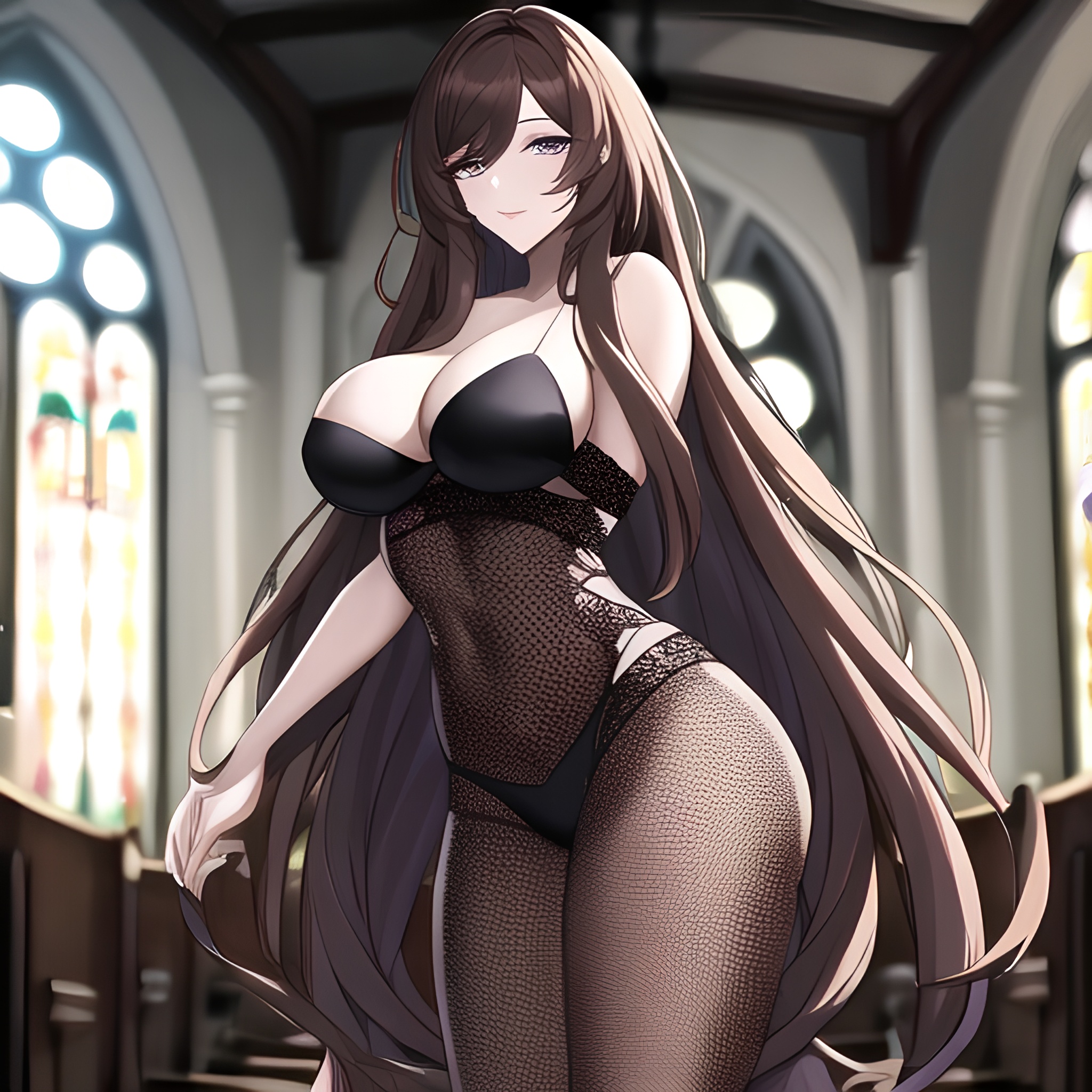 church long hair messy hair fishnet brunette woman 