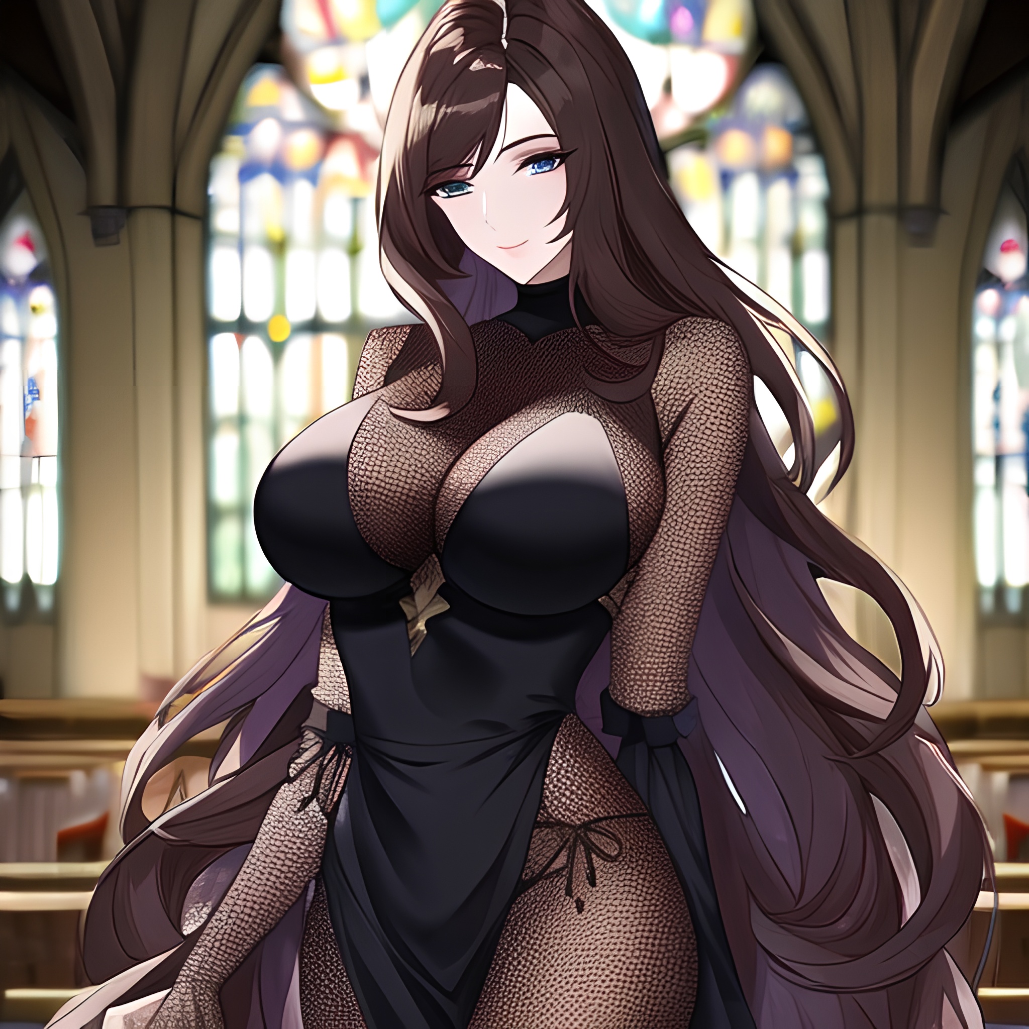 church long hair messy hair fishnet brunette woman 