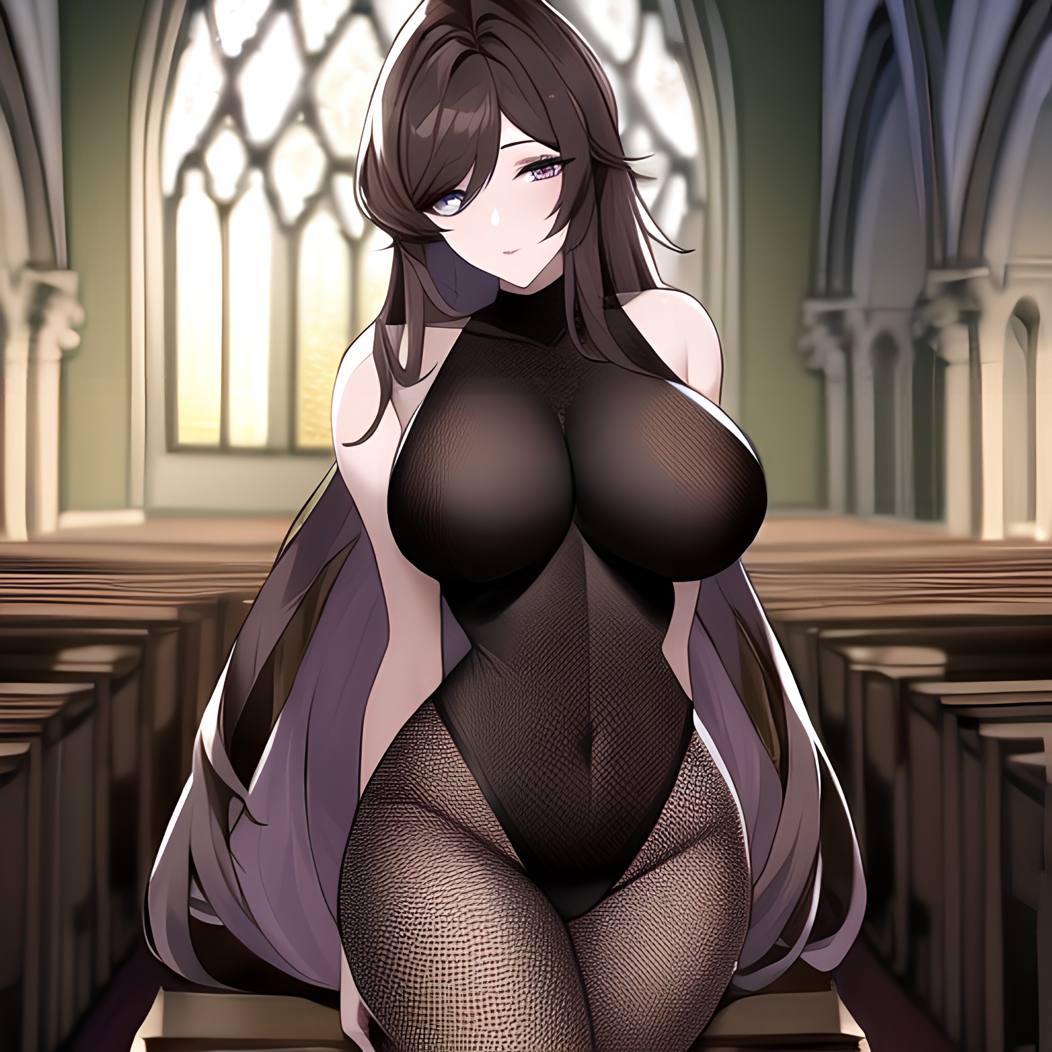 church long hair messy hair woman fishnet brunette 