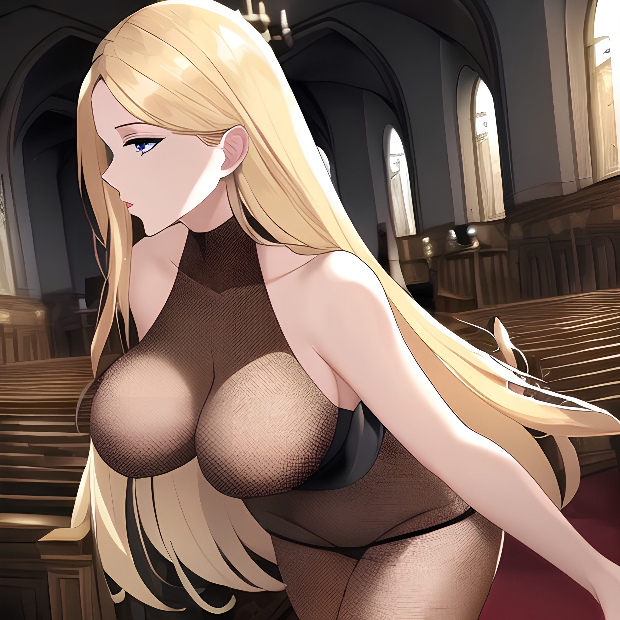 church long hair nude blonde small boobs front view woman fishnet 