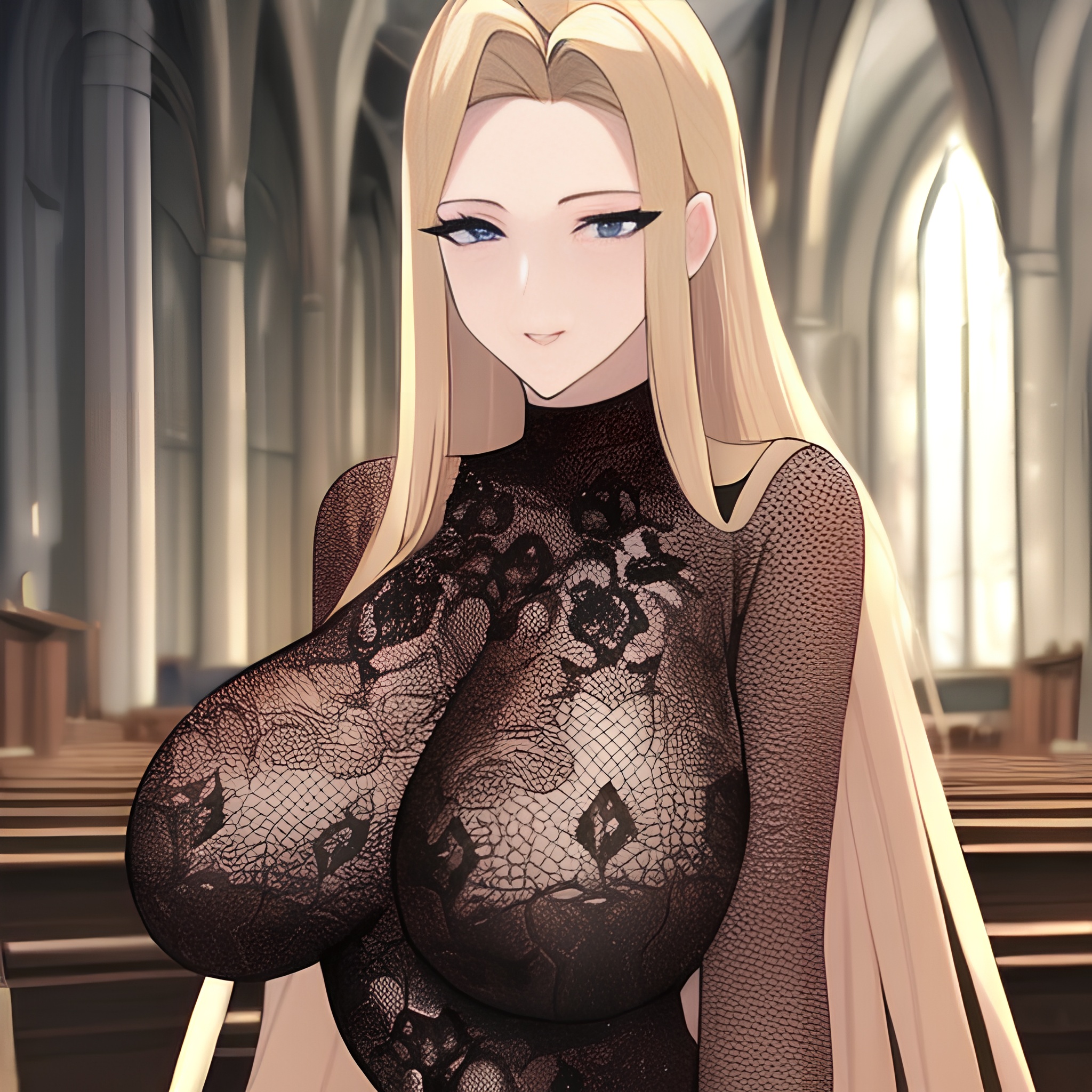 church long hair nude front view small boobs fishnet blonde woman 