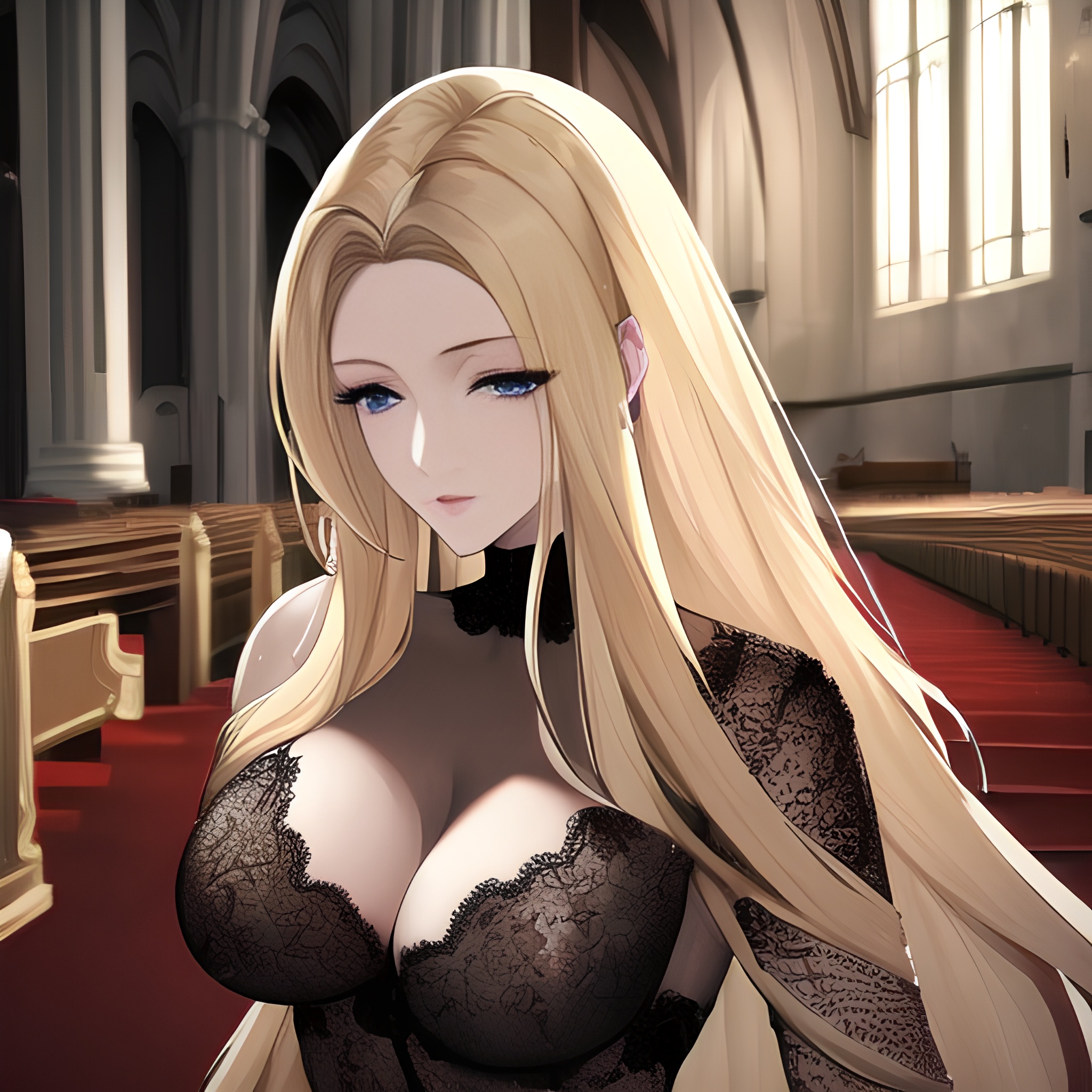 church long hair nude woman front view small boobs fishnet blonde 