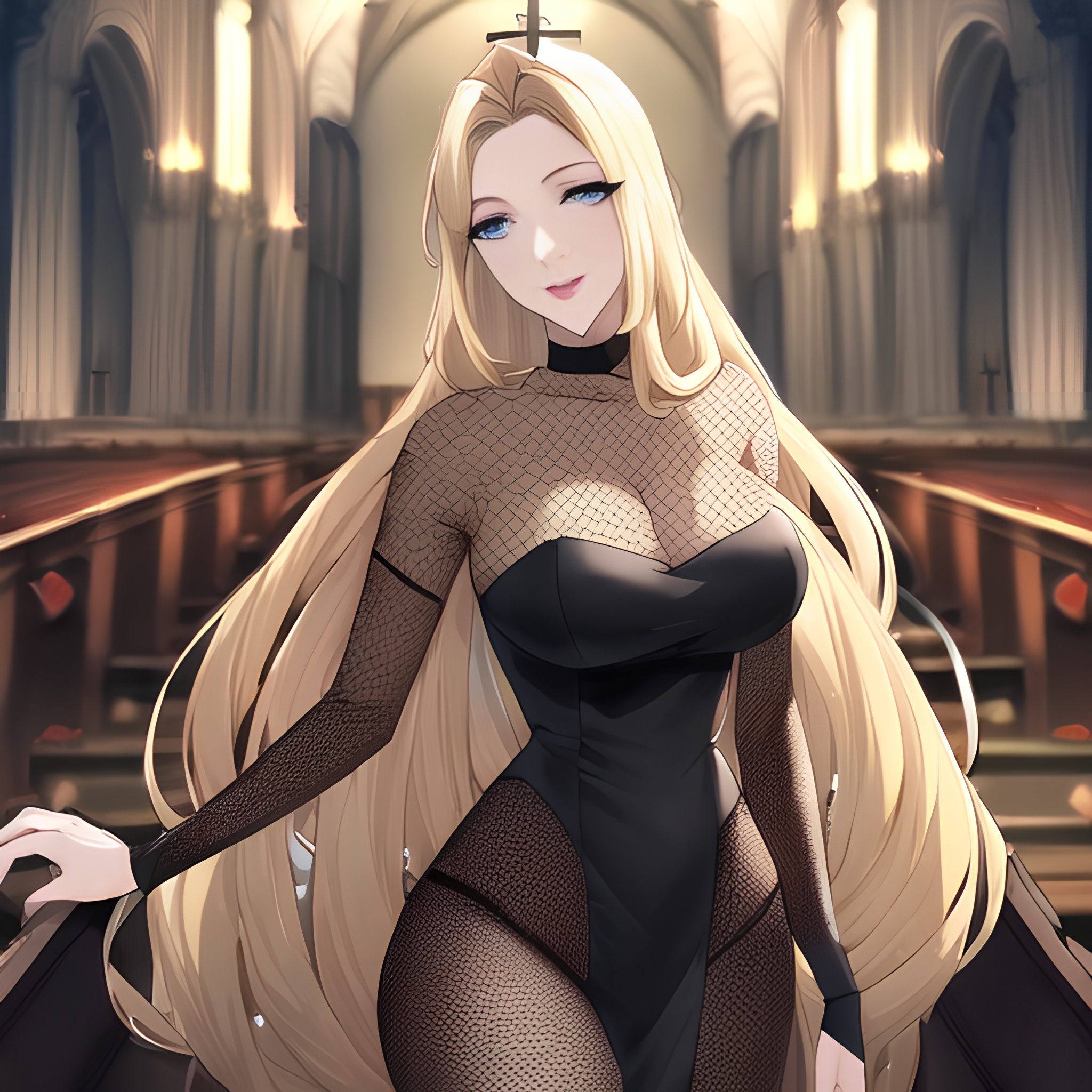 church long hair small boobs fishnet nude blonde front view woman