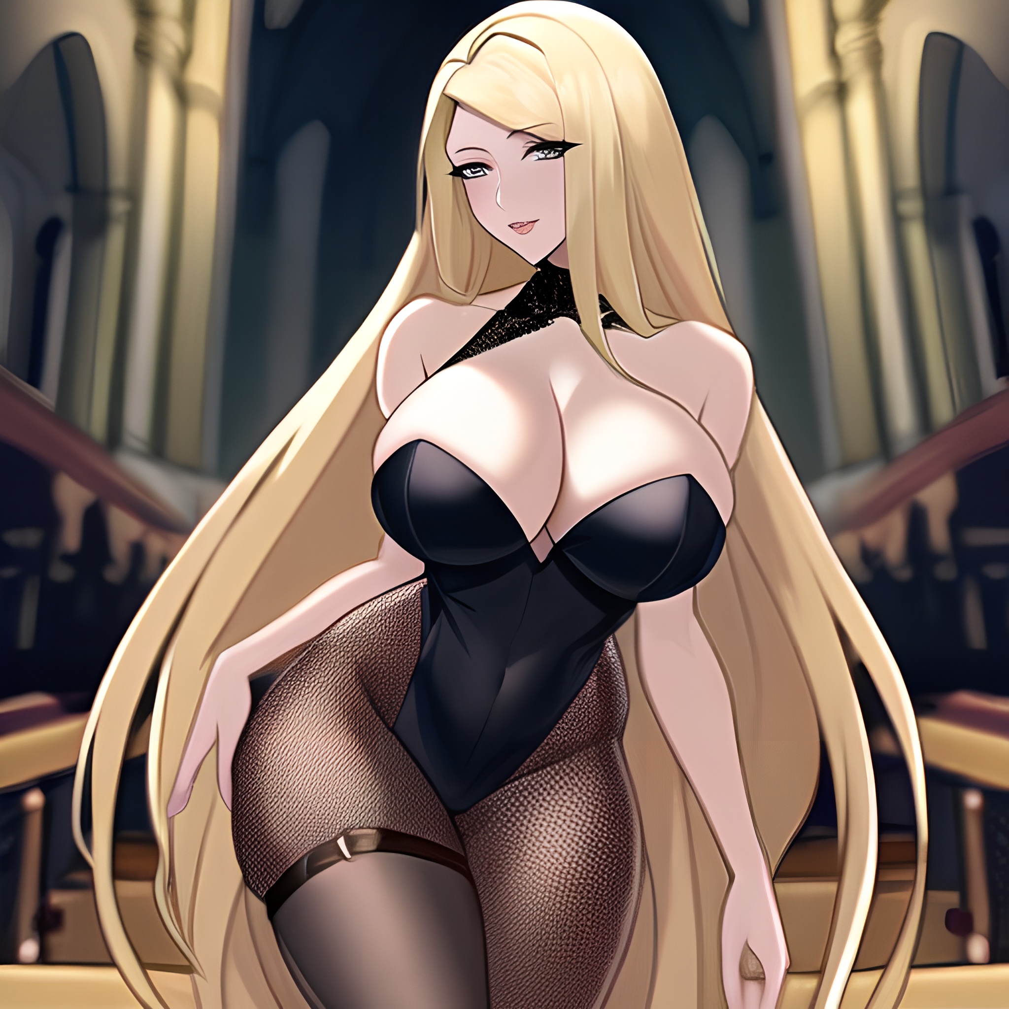 church long hair woman blonde fishnet 