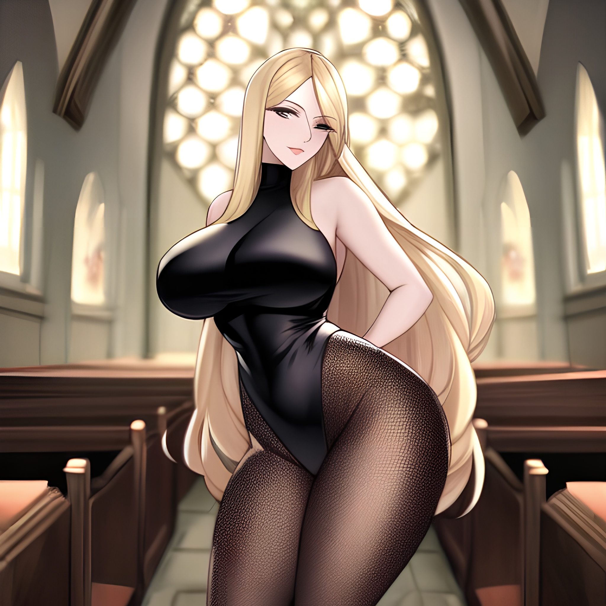 church long hair woman blonde fishnet 