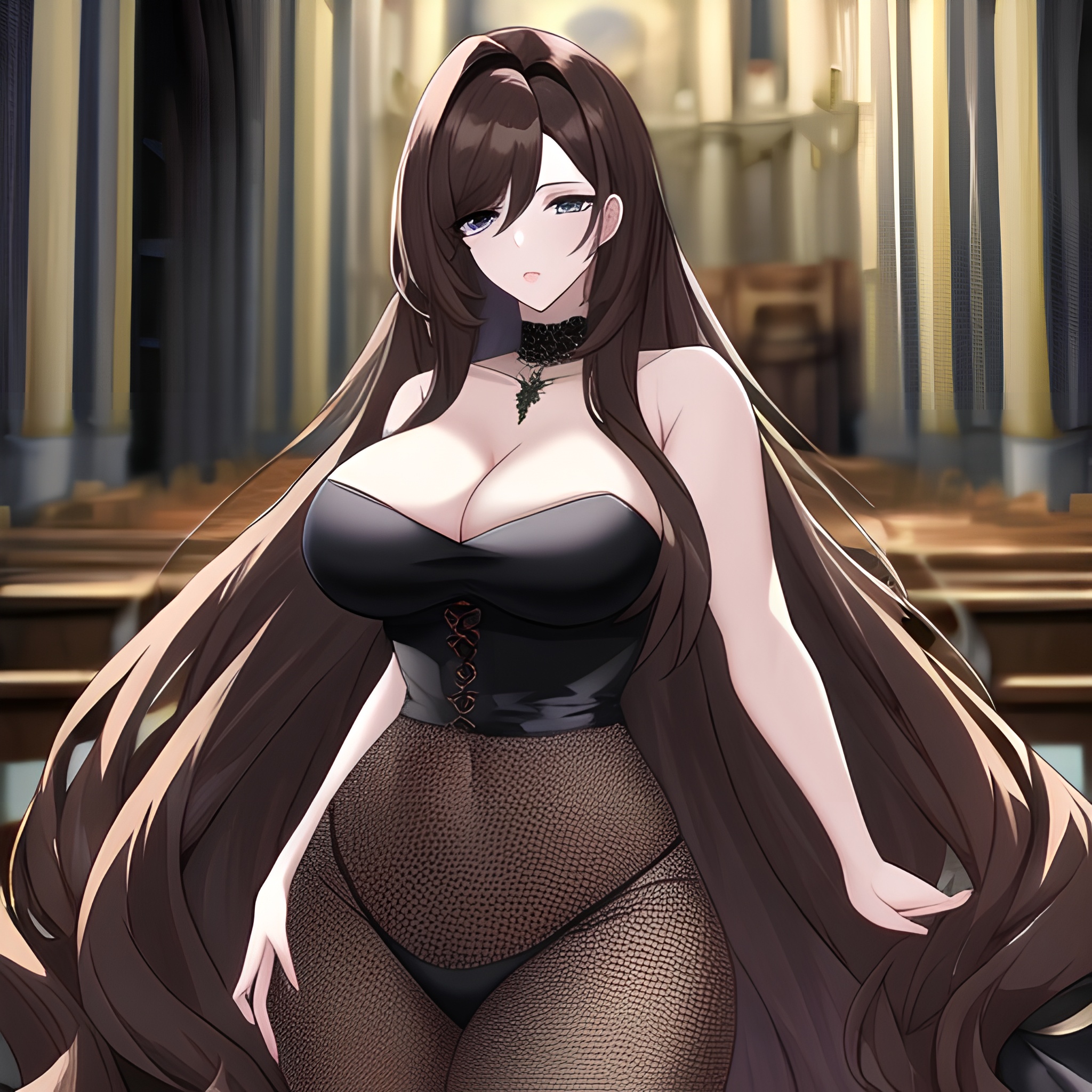 church long hair woman brunette messy hair fishnet 