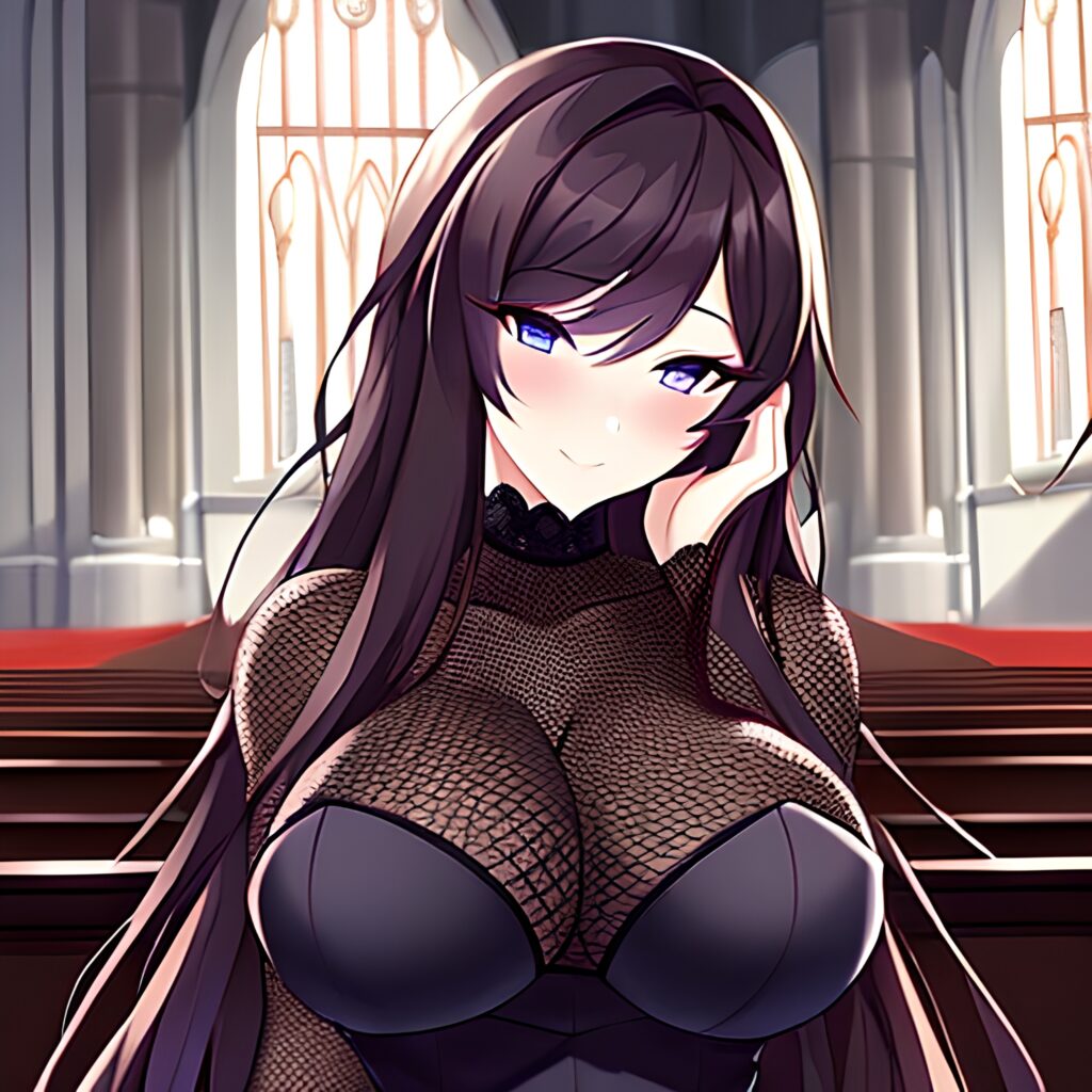 church long hair woman brunette messy hair fishnet 