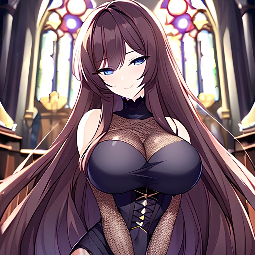 church long hair woman brunette messy hair fishnet 