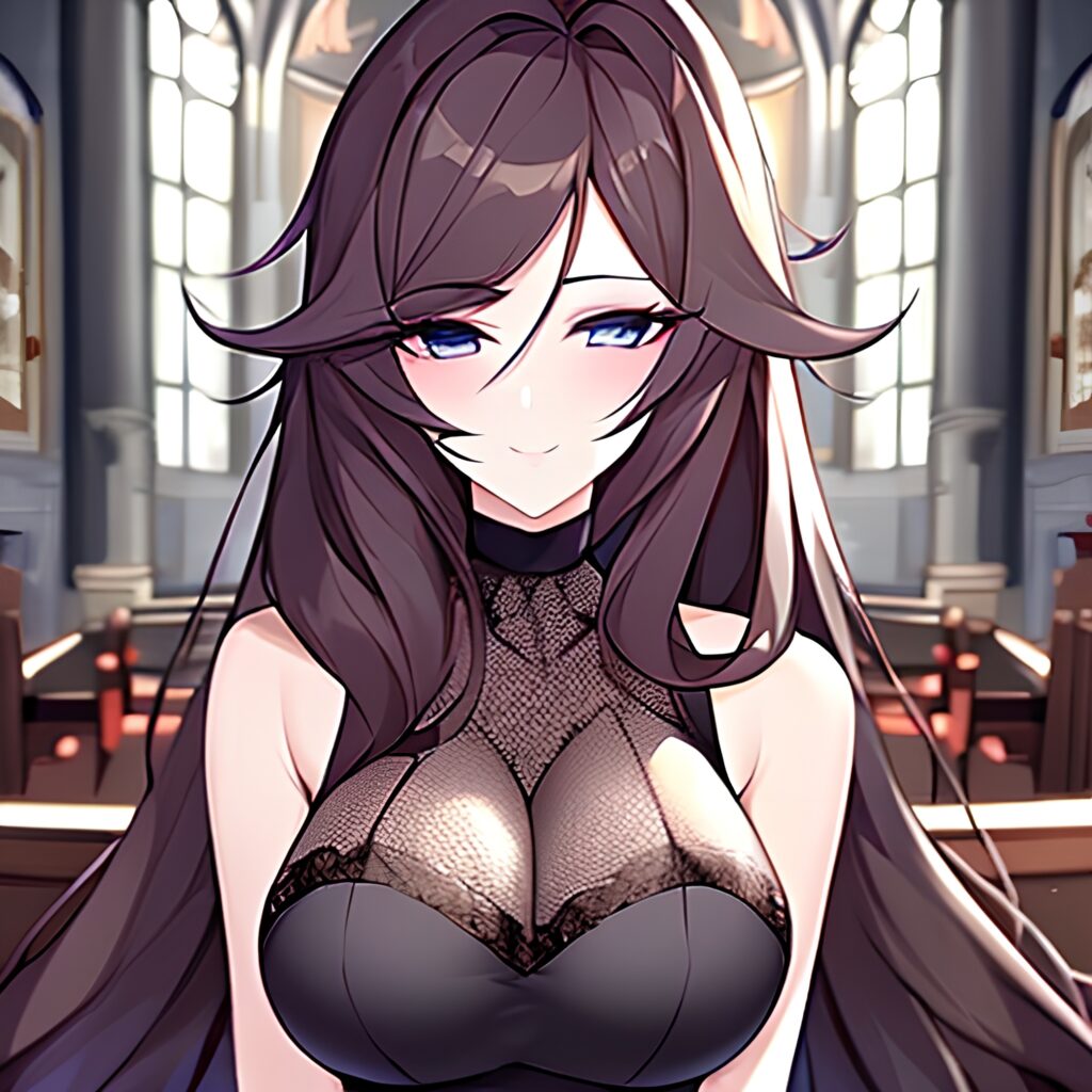 church long hair woman brunette messy hair fishnet 