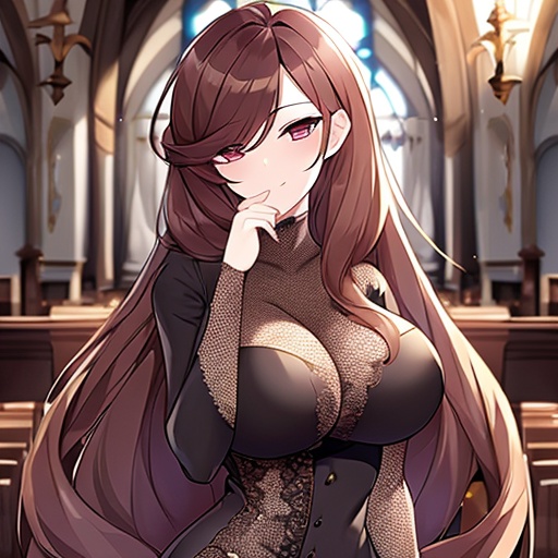 church long hair woman brunette messy hair fishnet 